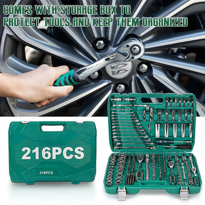 Mechanic Tool Kit Auto Repair Socket Set 1/4" 3/8" 1/2" Drive Ratchet Wrench Combination – 53 to 216-Piece Professional Grade Car Repair