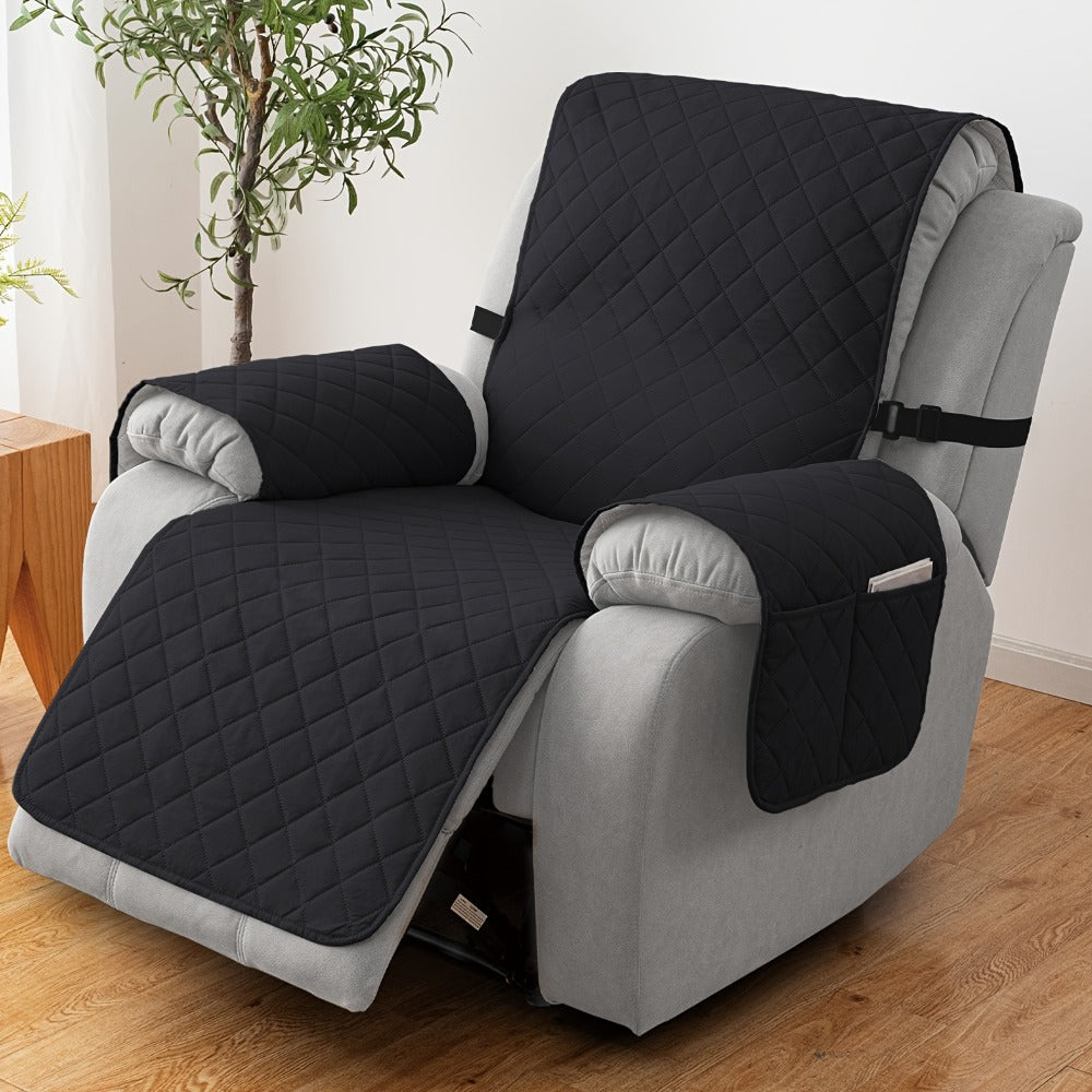 Diamond-Quilted One-Piece Recliner Chair Cover with Side Pocket, Buckle Strap and Eight Colors