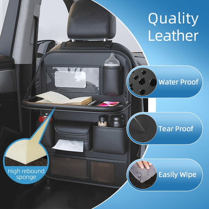 Seatback Car Organizer with Fold-Down Tray, Cup Recesses, Tissue Opening and One- or Two-Piece Packs
