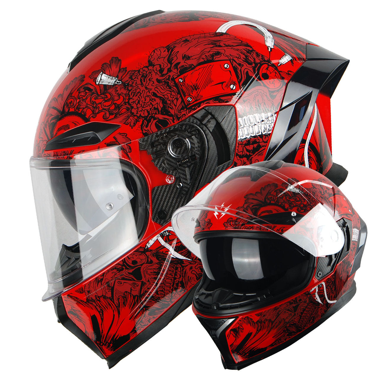 Motorcycle Helmet Full-Face Dual-Visor Shell with Clear Outer Shield, Smoked Inner Visor, Nine Colors and S-XL Sizes