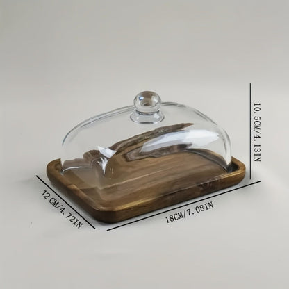 Wooden Butter Dish Base with Clear Glass Cloche Lid and 18 x 12 x 10.9 cm Serving Tray for Table Use