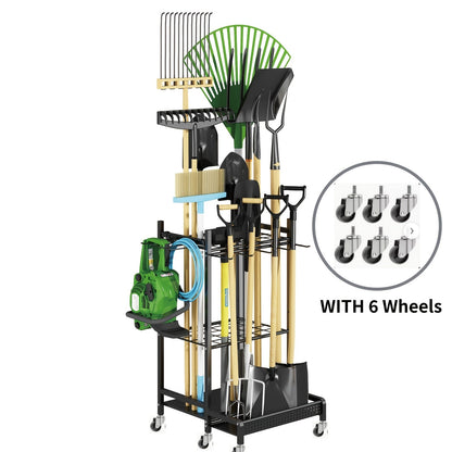 Garden Tool Organizer for Garage, Metal Yard Tool Storage Rack with Hooks & Wheels for Long-Handled Tools