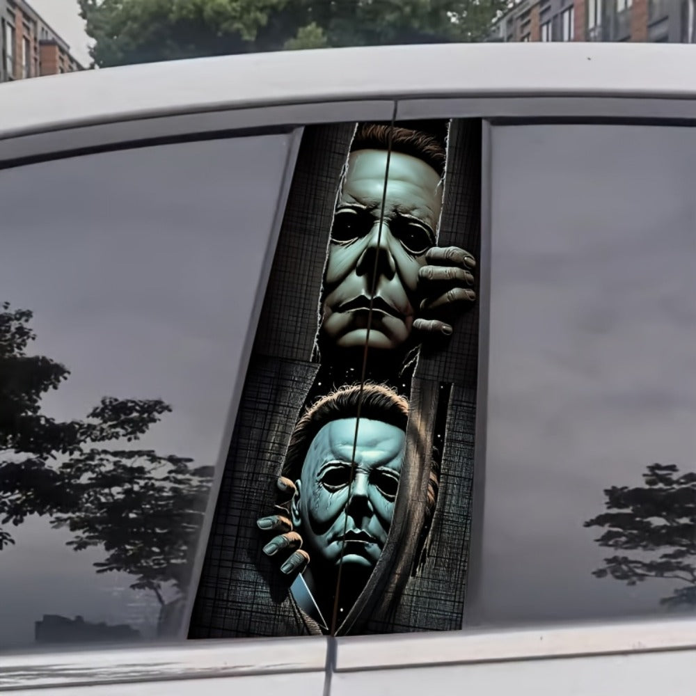Two-Piece Masked Figure Car Window Decal Set with Stacked Black-and-Gray Horror Portrait Panels