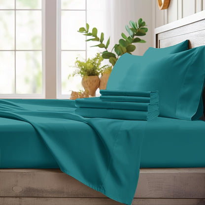 Bamboo Cooling Sheet Set 4pcs, Deep Pocket Fitted Sheet Flat Sheet Pillowcases for Hot Sleepers Twin Full Queen King