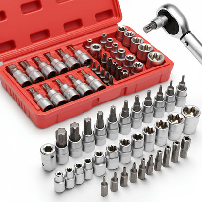 Torx Star Bit Socket Set 34/46-Piece – 3/8" Drive CR-V E-Socket E4-E20, T10-T60, Tamper-Proof TT10-TT55, S2 Steel, 5/16"F to 3/8"M Adapter