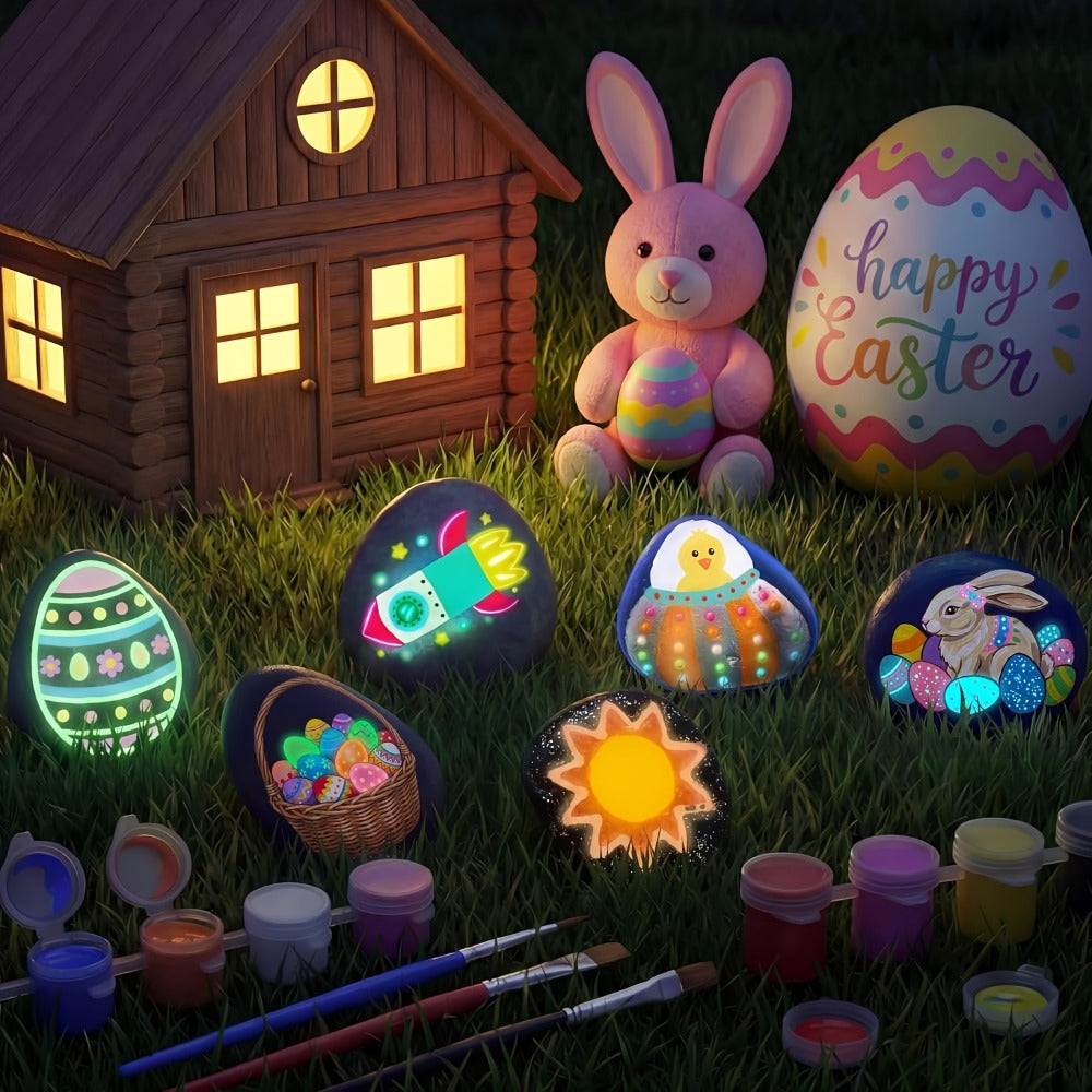 Glow Rock Painting Craft Kit with 10 Rocks, Paints, Brushes, Gems and Stickers in One- or Two-Pack Options