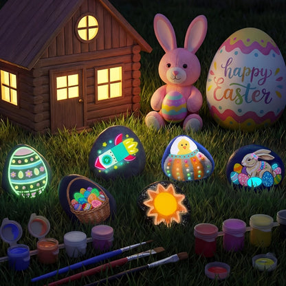 Glow Rock Painting Craft Kit with 10 Rocks, Paints, Brushes, Gems and Stickers in One- or Two-Pack Options