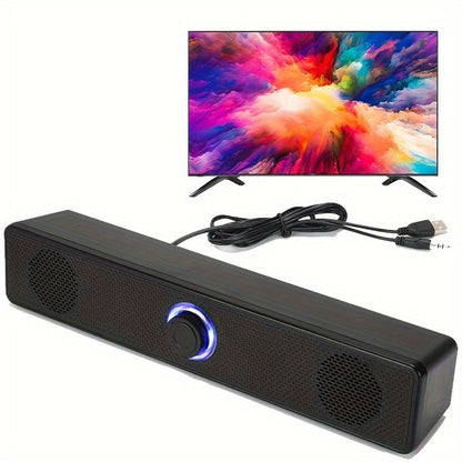 USB Wired Desktop Speaker Bar with 4D Audio Effect & Blue LED - Stereo Sound, 3.5mm AUX Input, Independent Volume Control