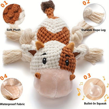 Dog Toy Cow Plush with Squeaker, Crinkle Paper, Woven Legs and Washable Construction for Multiple Dog Sizes