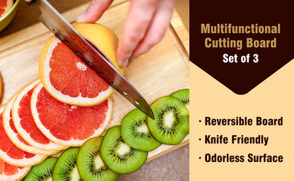 Cutting Board Three-Piece Bamboo Set with Juice Grooves, Carry Handles and Three Nested Sizes