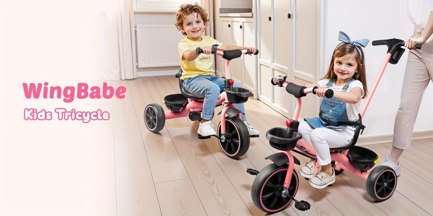 Push Handle Tricycle for Toddlers Girls Pink, 3 Wheel Trike Ages 18-60 Months with Padded Backrest