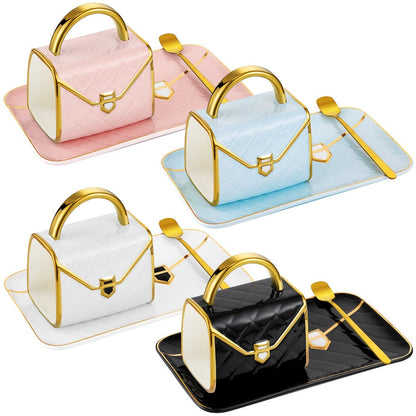 Four-Piece Purse-Shaped Coffee Mug Set with 10oz Cups, Matching Saucers and Metal-Look Spoons