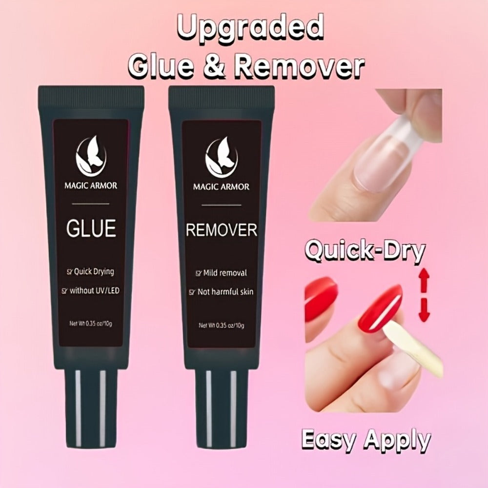 Nail Glue Kit, MAGIC ARMOR 10g Adhesive and Remover Tubes with Precision Nozzles for Press-On Nails