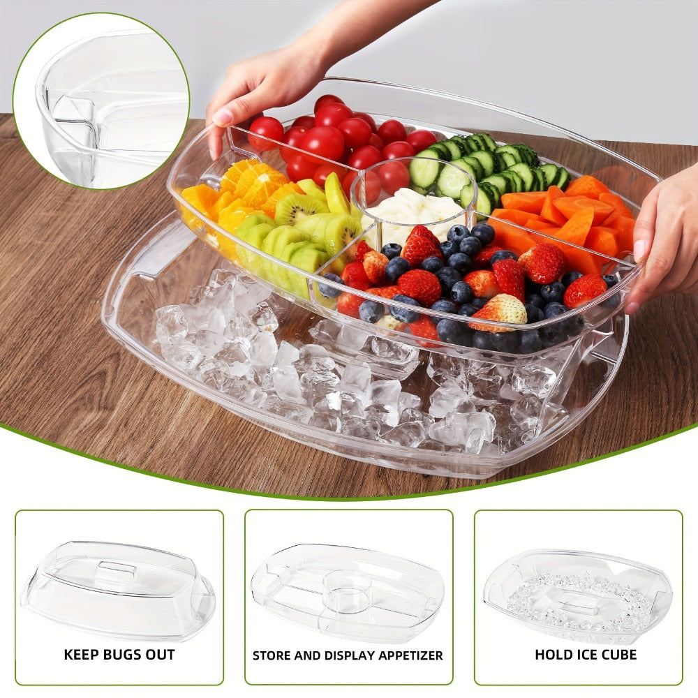 Appetizer Serving Tray with Ice Tray & Flip Lid, 15 Inch Round Chilled Condiment Serving Platter