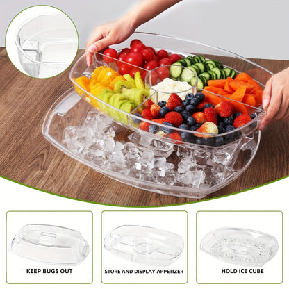 Appetizer Serving Tray with Ice Tray & Flip Lid, 15 Inch Round Chilled Condiment Serving Platter