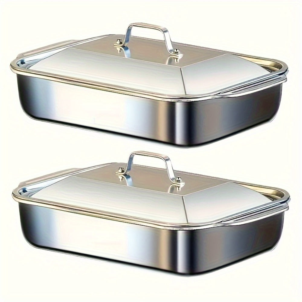 Stainless Steel Baking Pan Set 4-Piece, 2 Deep Roasting Pans & 2 Lidded Pans with Handles for Entryways, Bedrooms and Living Spaces
