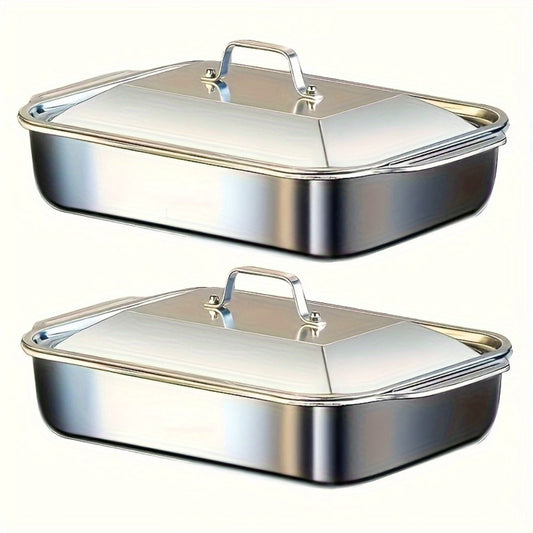 Stainless Steel Baking Pan Set 4-Piece, 2 Deep Roasting Pans & 2 Lidded Pans with Handles for Entryways, Bedrooms and Living Spaces