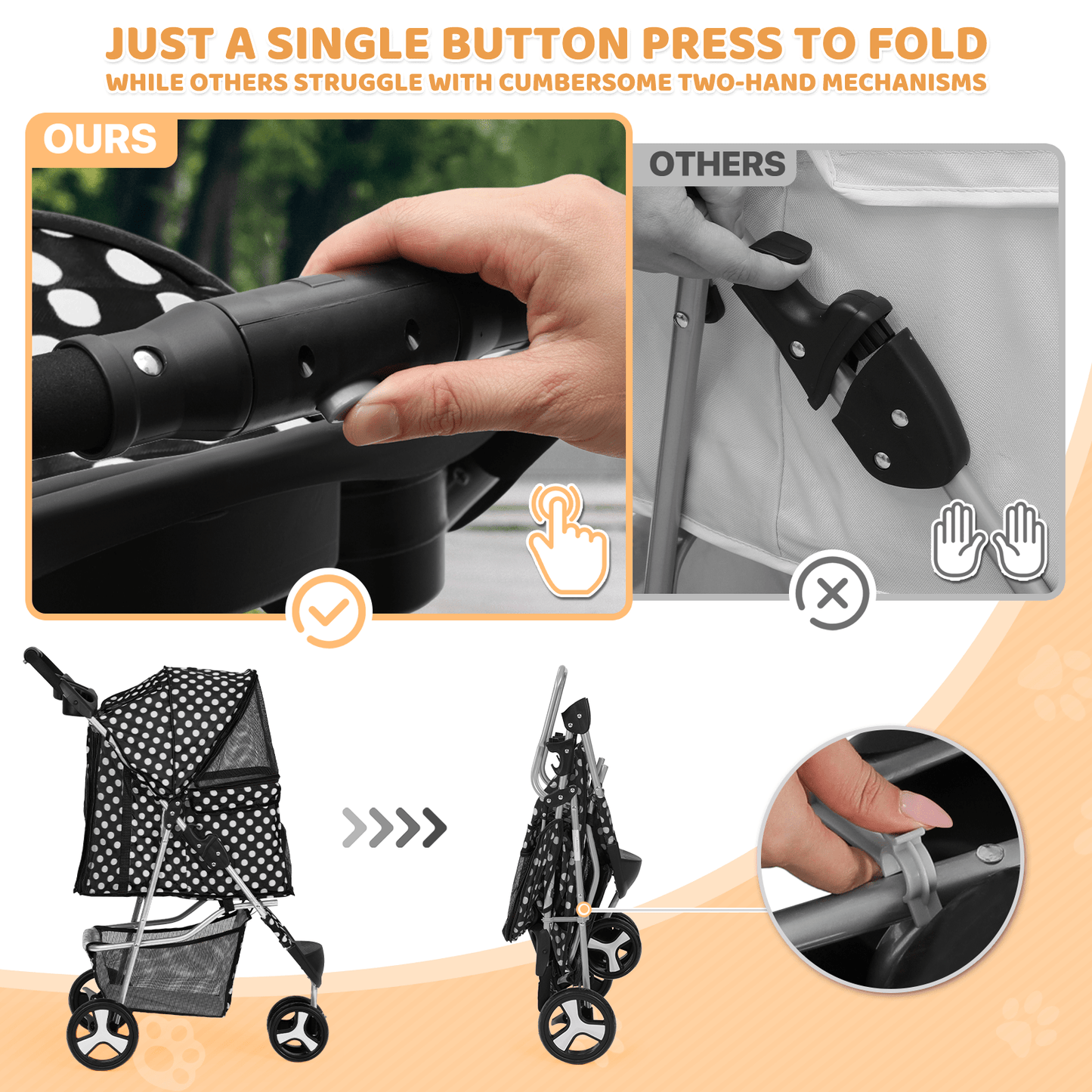 Three-Wheel Pet Stroller with Folding Mesh Cabin, Cup Tray, Lower Basket and Eleven Color or Print Options