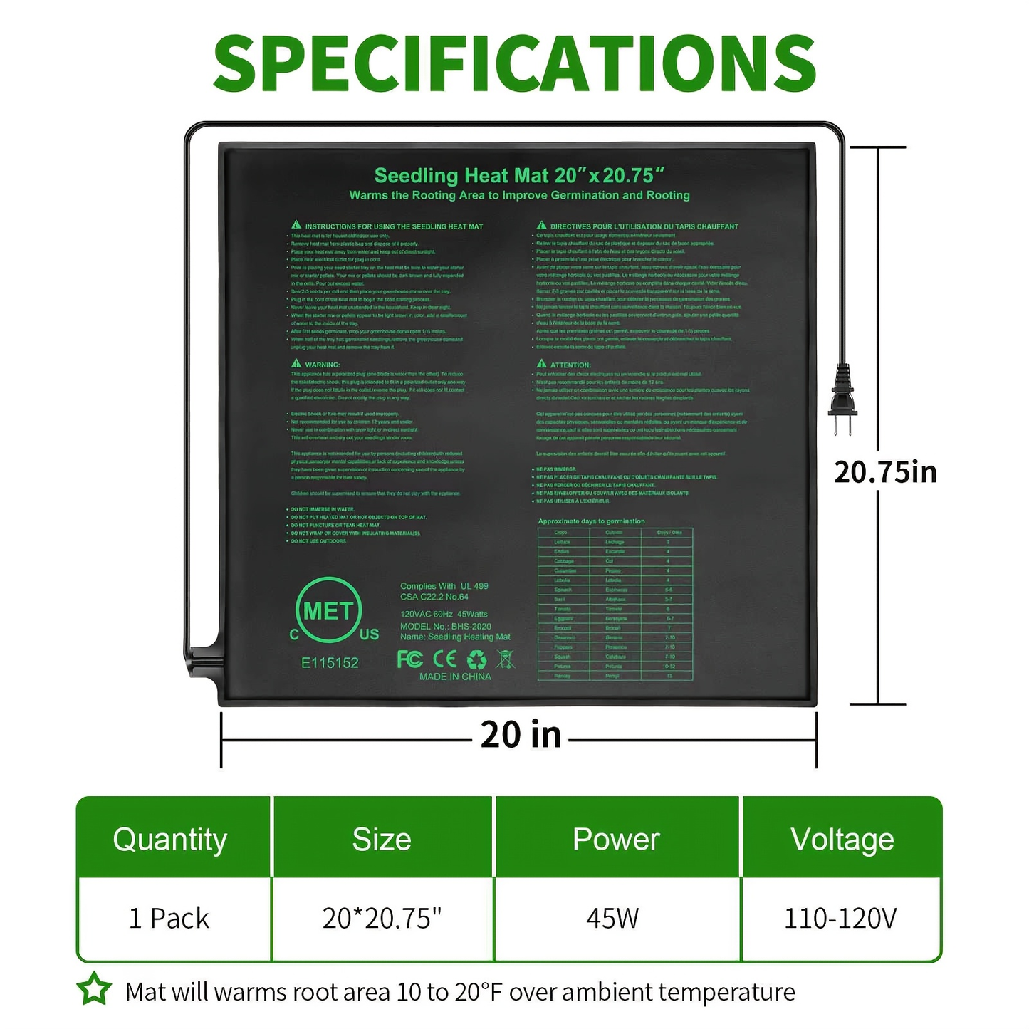 Seedling Heat Mat MET, Uniform Heating for Germination Indoor Gardening Greenhouse, Hydroponic Seed Starting Warming Pad M & L Size