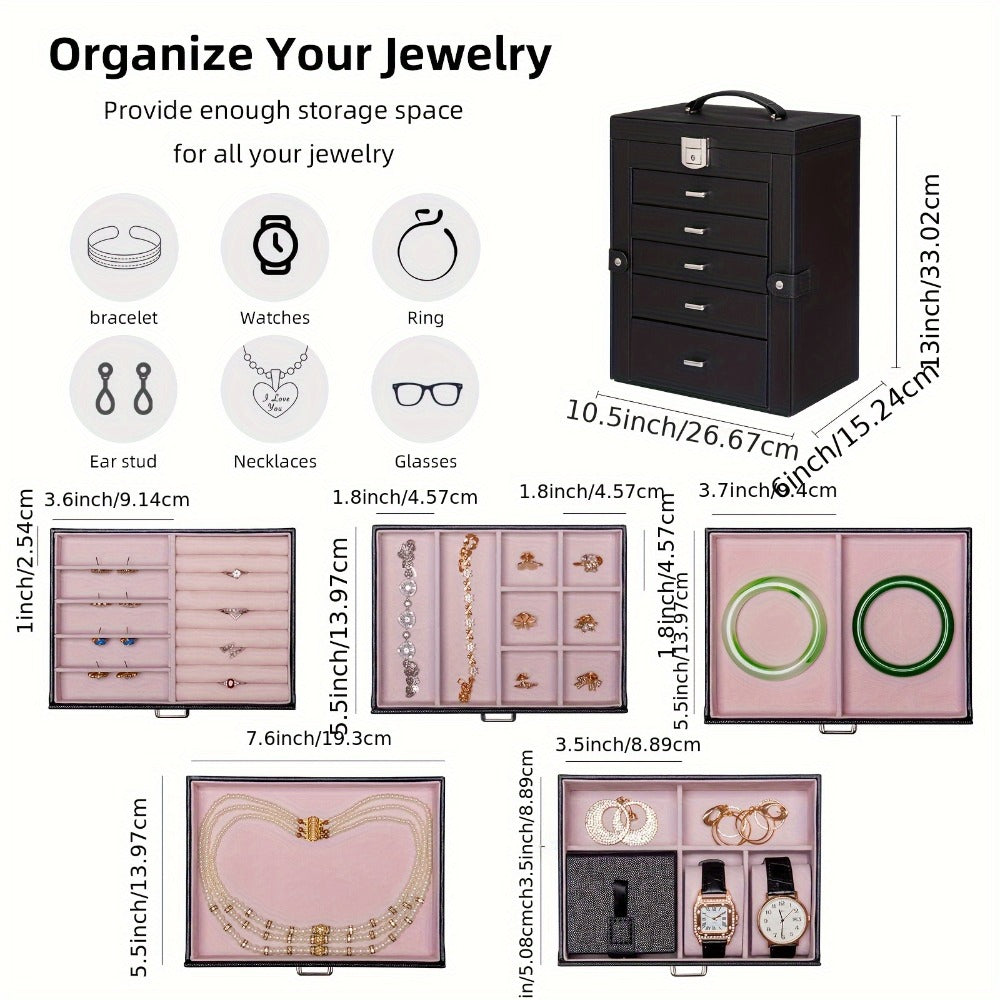 Jewelry Organizer 6-Tier Brown Storage Box with 5 Drawers, Built-In Mirror and Key-Lock Closure