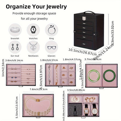 Jewelry Organizer 6-Tier Brown Storage Box with 5 Drawers, Built-In Mirror and Key-Lock Closure