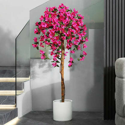 Artificial Bougainvillea Tree, 5-Foot Pink Flowering Plant with Wood-Look Trunk and Black Base Pot