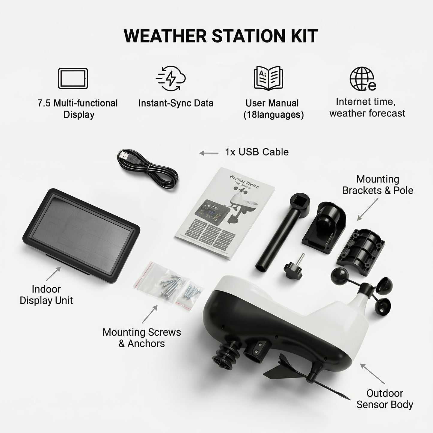 WiFi Weather Station | 7-in-1 Rain Gauge Wind Speed App Forecast