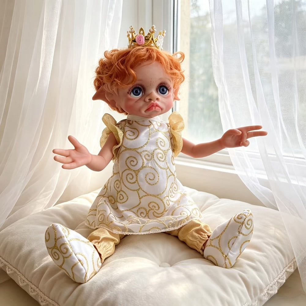 Fairy Elf Reborn Doll 15 Inch Vinyl Full Body Hand-Painted Collectible Art Doll with Wavy Hair & Crown