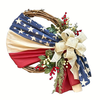 Patriotic 4th of July Door Wreath – Red White & Blue American Flag Wreath with Burlap Bow for Independence Day