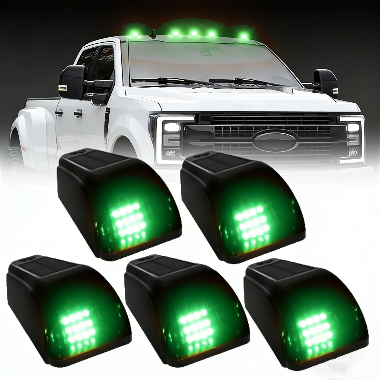 Solar Cab Roof LED Light Set, Five Adhesive-Mount Units in Green, Yellow or White with 13.5 cm Housings