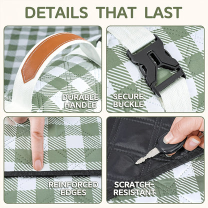 Dark Green Padded Picnic Blanket with Buckled Carry Straps, 80 x 80in Large Roll-Up Outdoor Mat