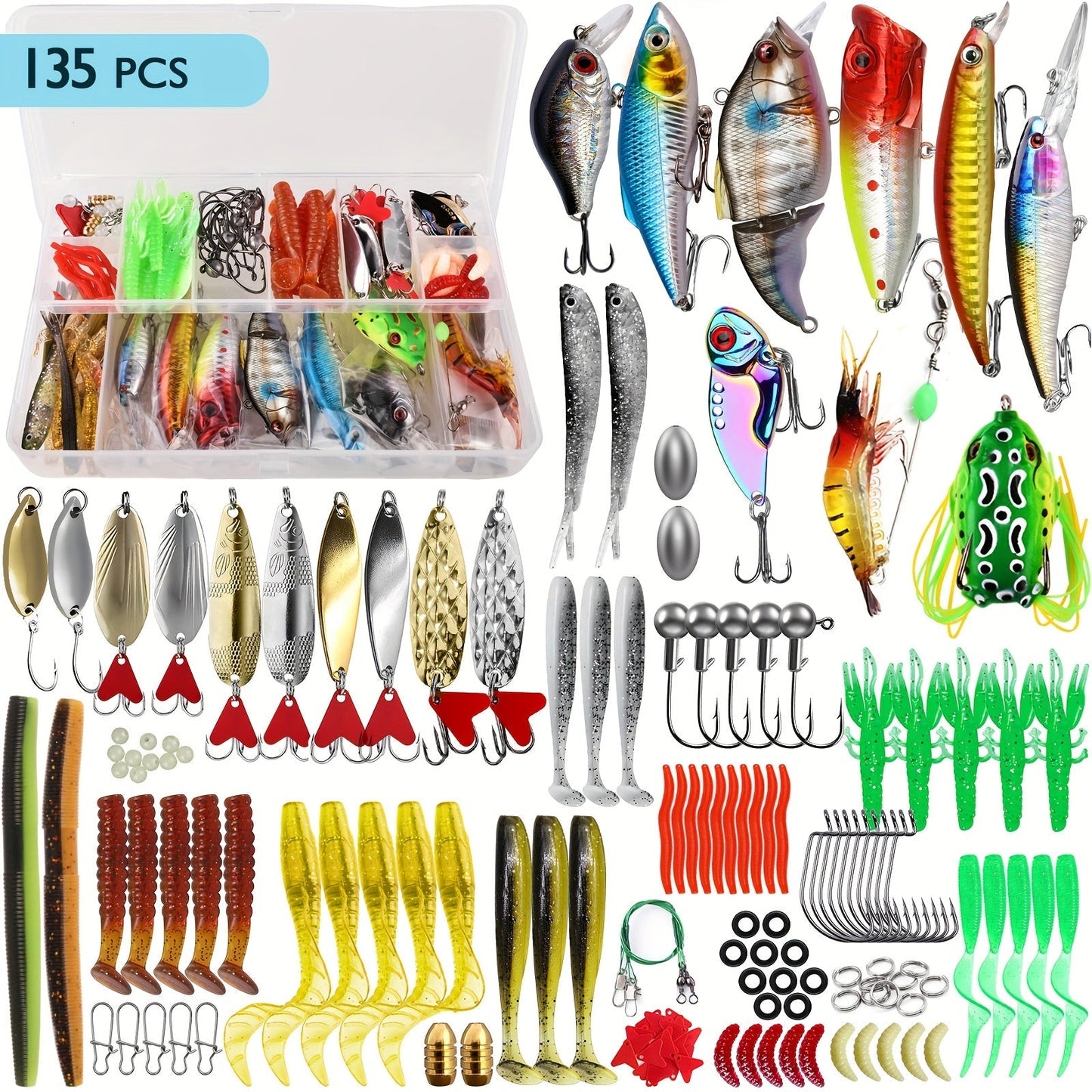Fishing Lures Tackle Box Kit 52–360pcs – Animated Lures, Crankbaits, Spinnerbaits, Soft Plastic Worms & Topwater Lures for Bass, Trout