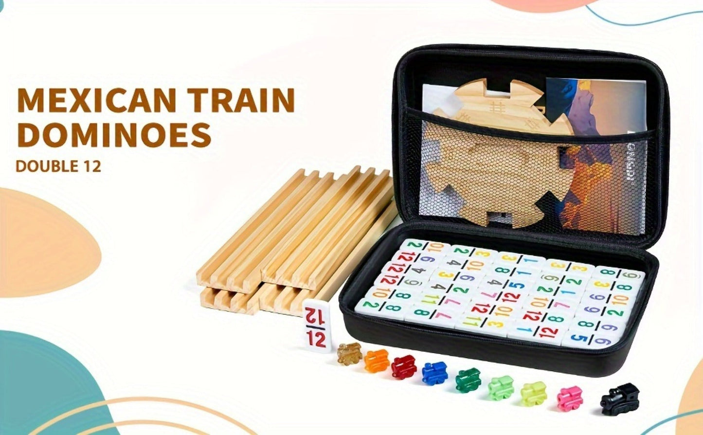 Mexican Train Dominoes Double 12 Set – 91 Colorful Tiles, 9 Metal Trains & 4 Wooden Racks, Complete Strategy Board Game with EVA Travel Case