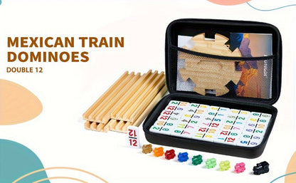 Mexican Train Dominoes Double 12 Set – 91 Colorful Tiles, 9 Metal Trains & 4 Wooden Racks, Complete Strategy Board Game with EVA Travel Case