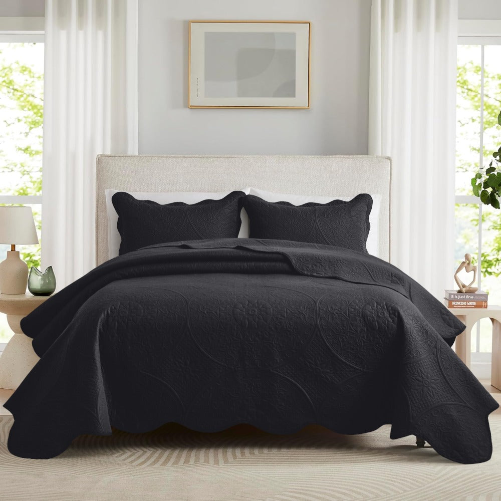 Floral-Pattern Three-Piece Bedspread Set in 16 Colors with Twin, Queen, King and California King Sizes