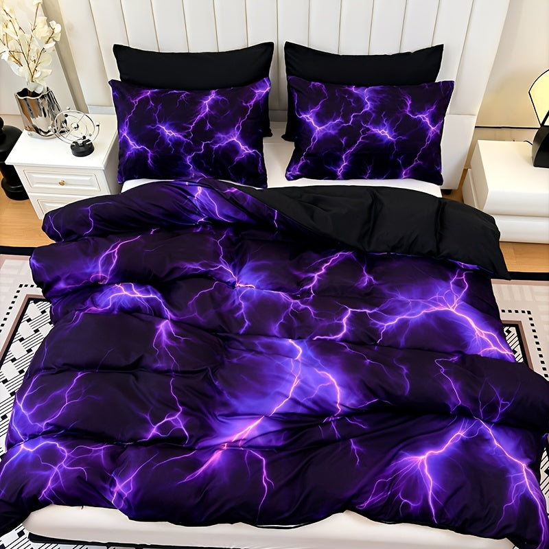 Duvet Cover Set 3 Piece Purple Lightning Digital Print – 100% Polyester Bedding Set with 2 Pillowcases, Twin Full Queen King