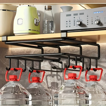 Under Cabinet Organizer Rack with Hooks, Carbon Steel Kitchen Shelf for Utensils, Towels, Cups & Cutting Boards