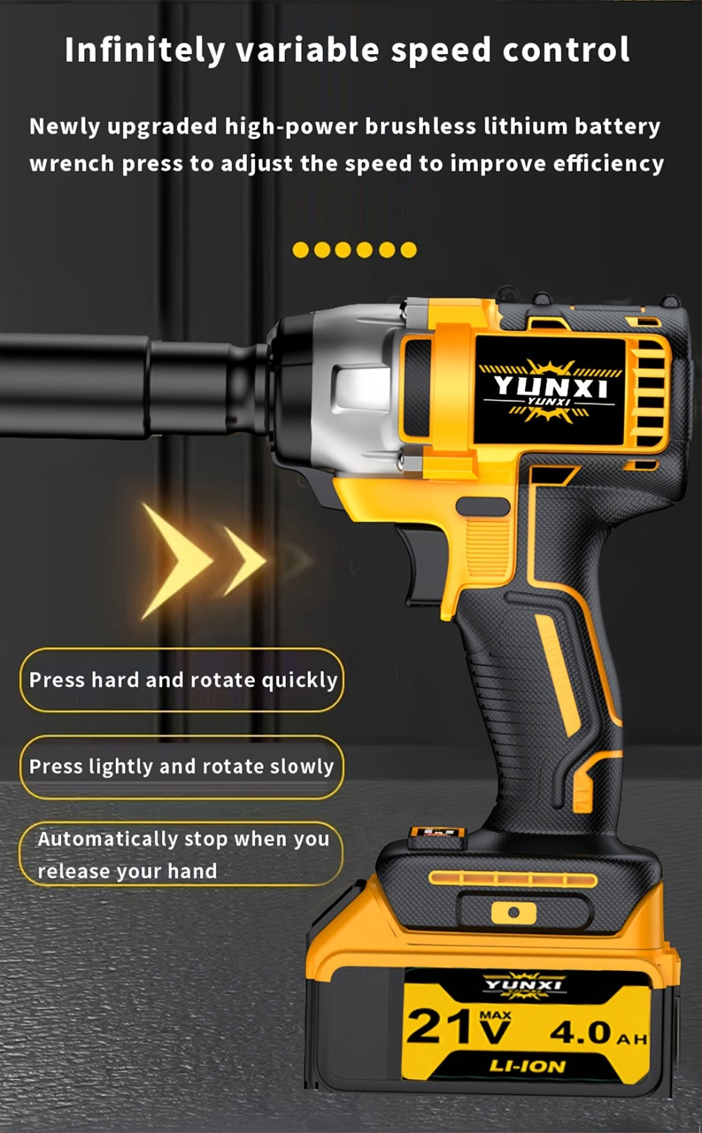Power Tools YUNXI 21V Brushless Cordless Impact Wrench Kit with 4000mAh Battery and Configurable Accessories