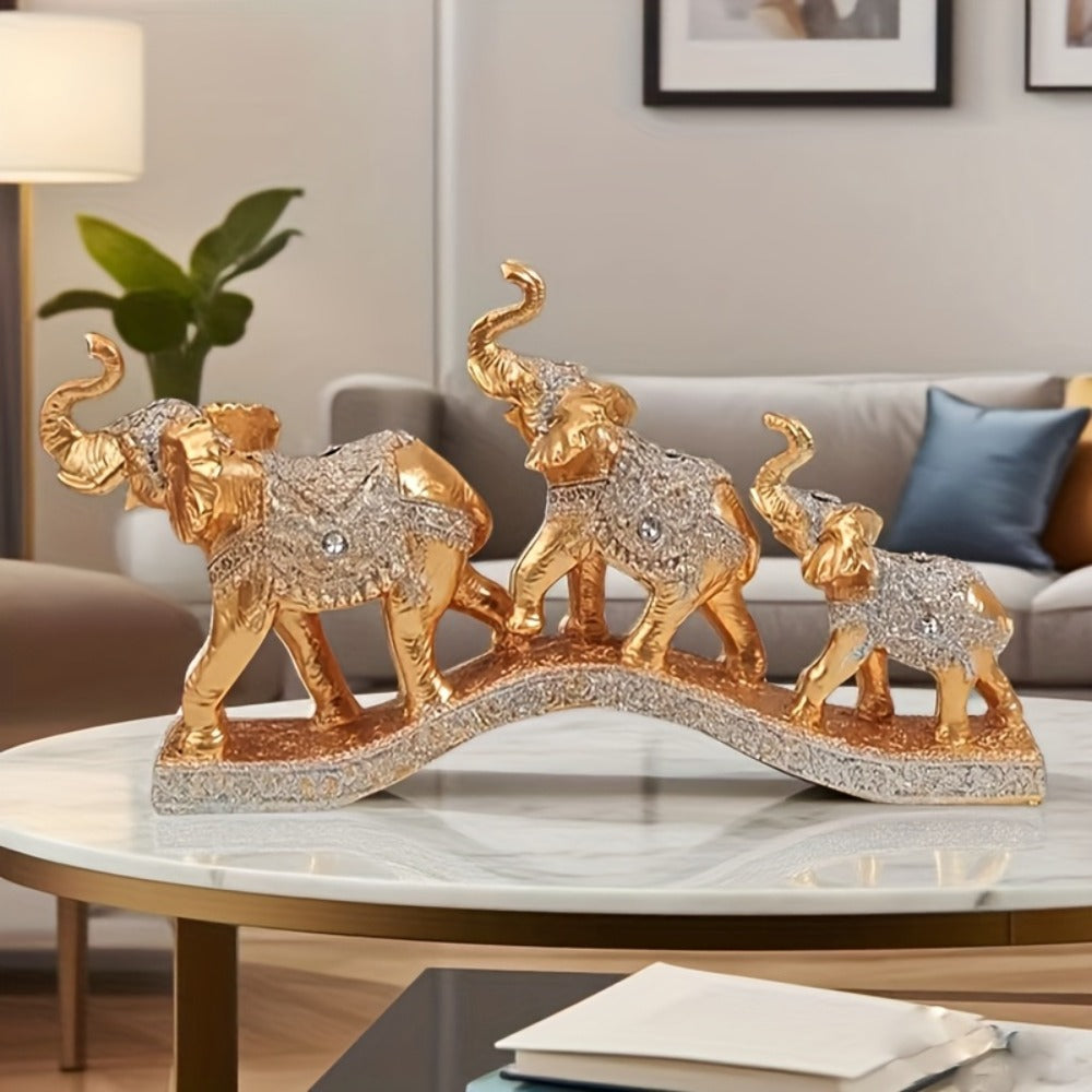 Golden Elephant Figurine Set of 3 – Lucky Elephant Statue Home Decor, Resin Elephant Family Sculpture for Living Room TV Cabinet Office