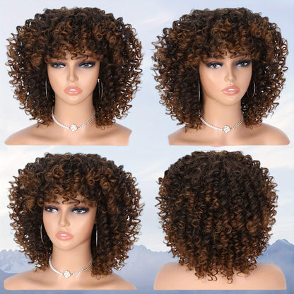 Synthetic Wig 14-Inch Kinky Curly Afro with Bangs, 180% Density and Stretch Net Cap for Daily Style