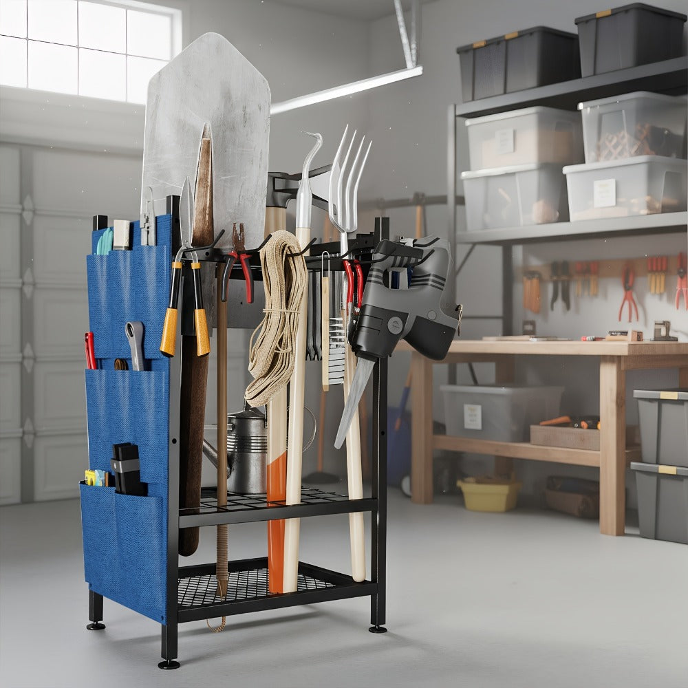 Tool Storage Rack with Storage Bag, Metal Yard Tool Organizer for Garage Holds 35 Long-Handled Tools