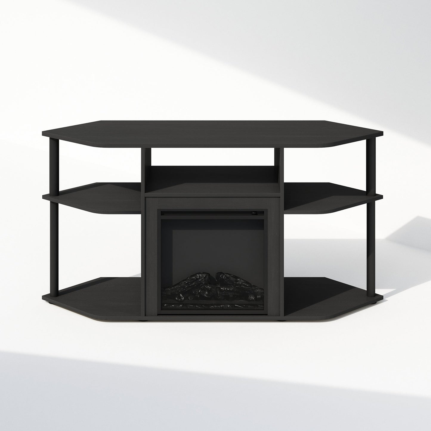 Corner TV Stand with Electric Fireplace, 55" Entertainment Center with Open Storage Shelves & Decorative Plastic Poles