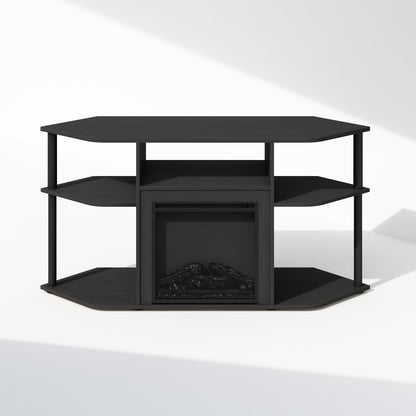 Corner TV Stand with Electric Fireplace, 55" Entertainment Center with Open Storage Shelves & Decorative Plastic Poles