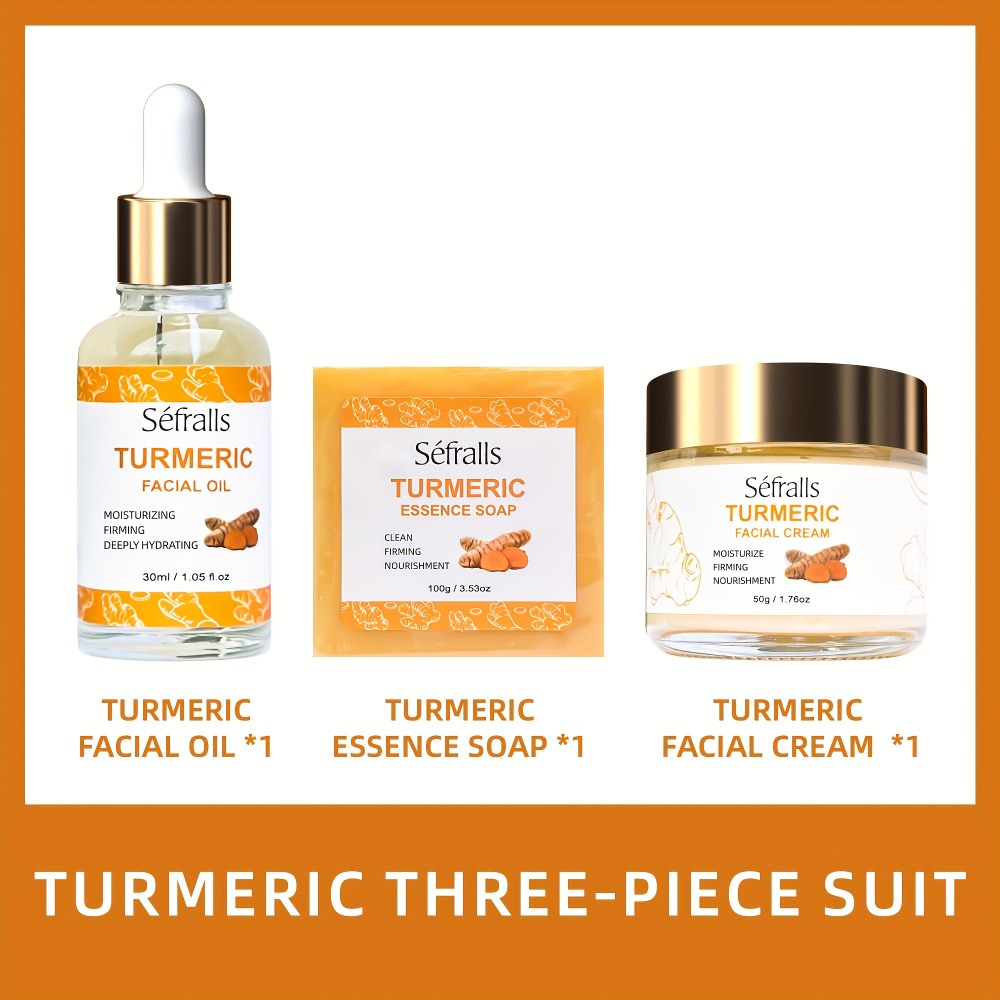 Turmeric Skincare Set 3 Pcs – Turmeric Face Cream, Facial Soap & Essential Oil Kit for Deep Pore Cleansing, Brightening & Moisturizing