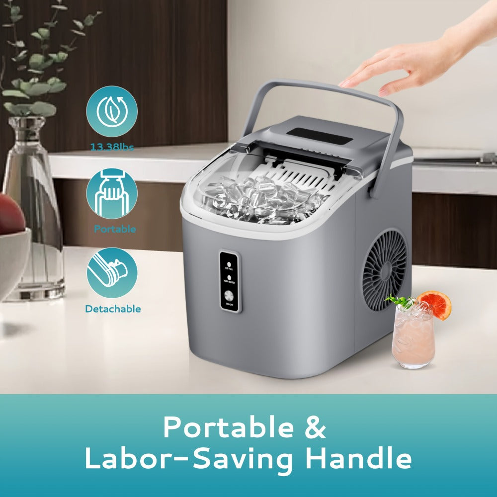 Portable Ice Maker Countertop – Bullet Ice Machine 26-29 Lbs Daily, 9 Ice Cubes in 6 Mins, Self-Cleaning, Quiet Under 45dB, with Handle