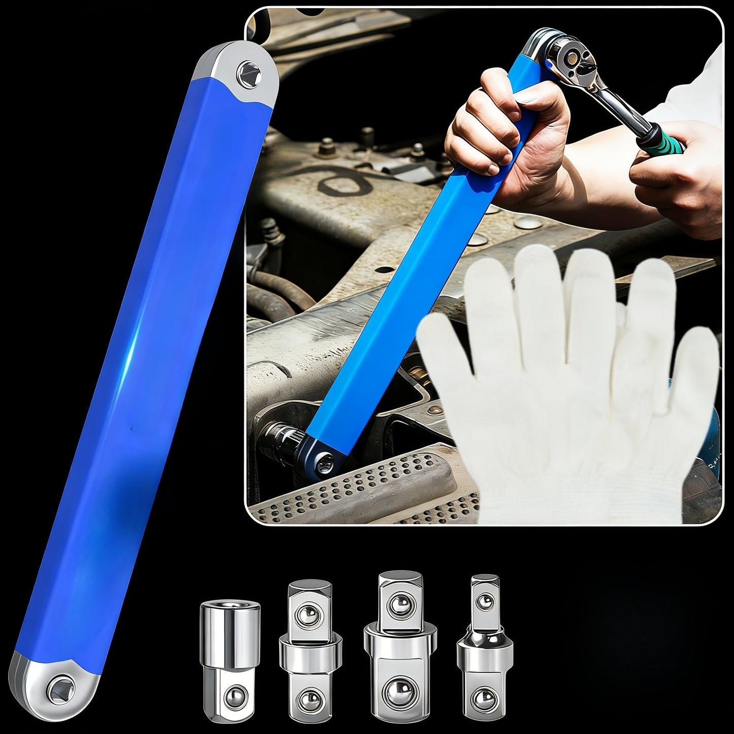 Zero Offset Extension Wrench Set 15-Inch – Impact-Ready 3/8" Ratchet Wrench with 1/2", 1/4" & 3/8" Drive Adapters