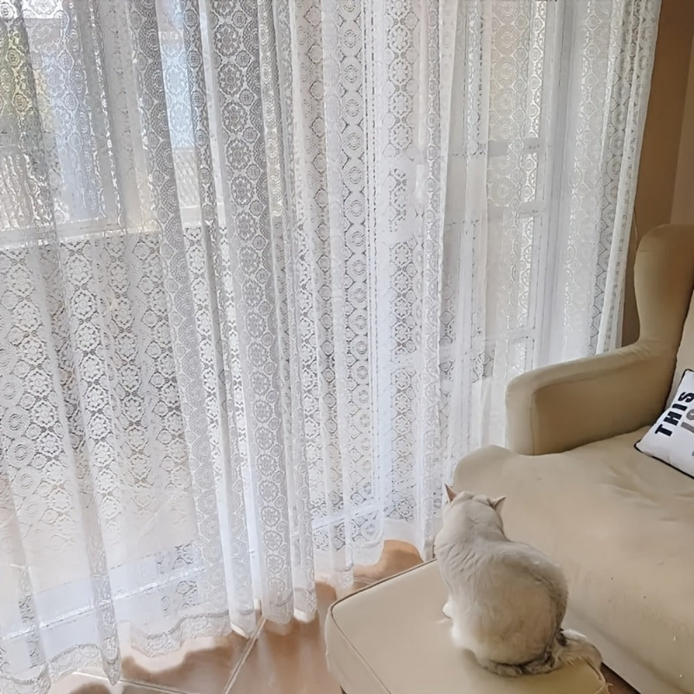 White French-Style Lace Sheer Curtain Panel with Rod-Pocket Header and Three Length Options