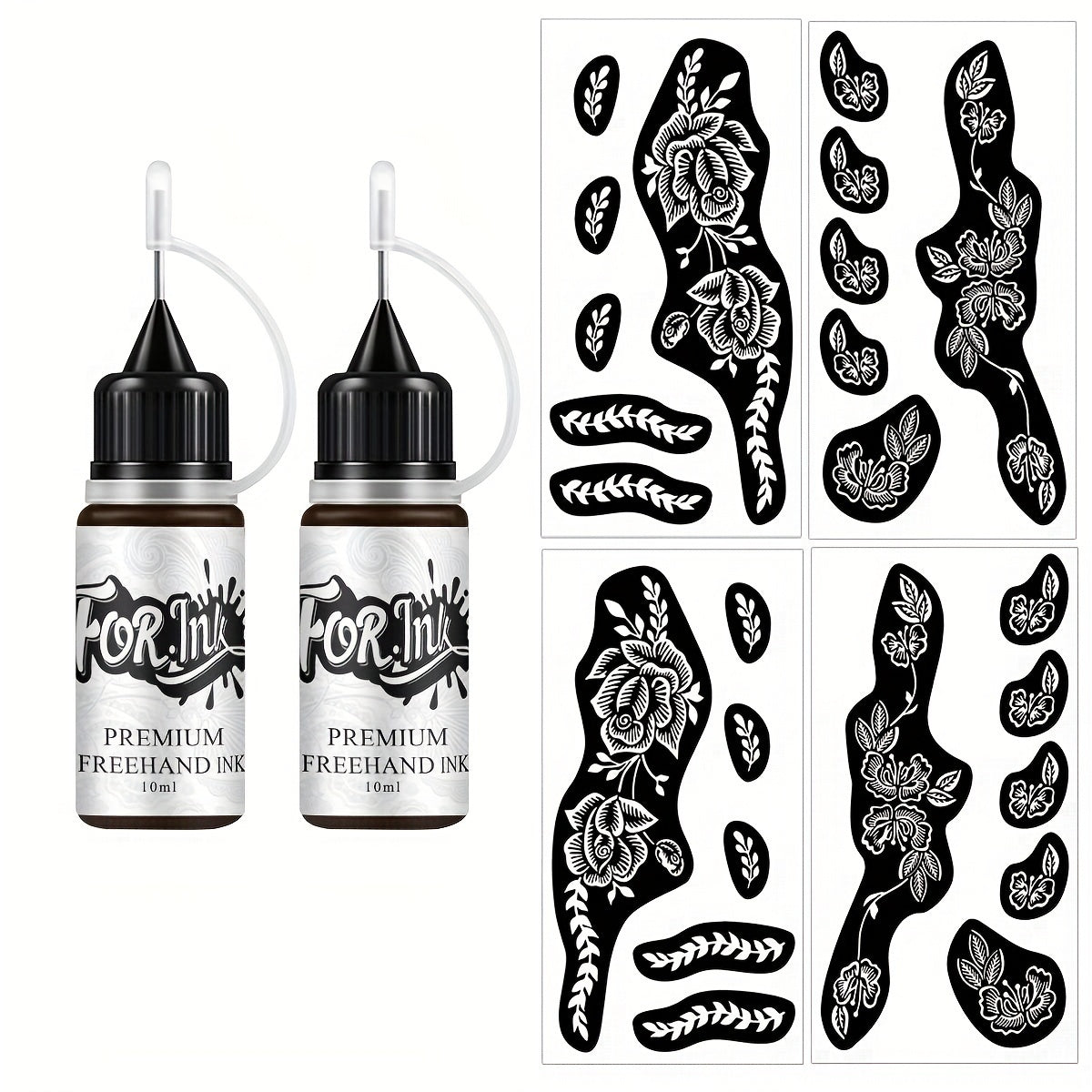Tattoo Stencil Kit with Brown Paste Ink & Flash Spray, Pre-Cut Hollow Template DIY Freehand Henna Style