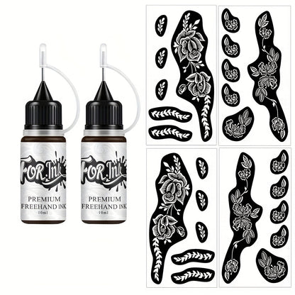 Tattoo Stencil Kit with Brown Paste Ink & Flash Spray, Pre-Cut Hollow Template DIY Freehand Henna Style