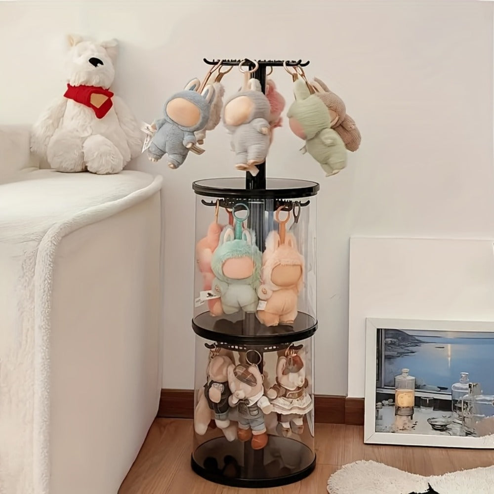 LABUBU Display Case 360 Rotating Acrylic Box with Dust Cover – Plush Toy Figure Storage Case Multi-Layer Hanging Rack for Collectible